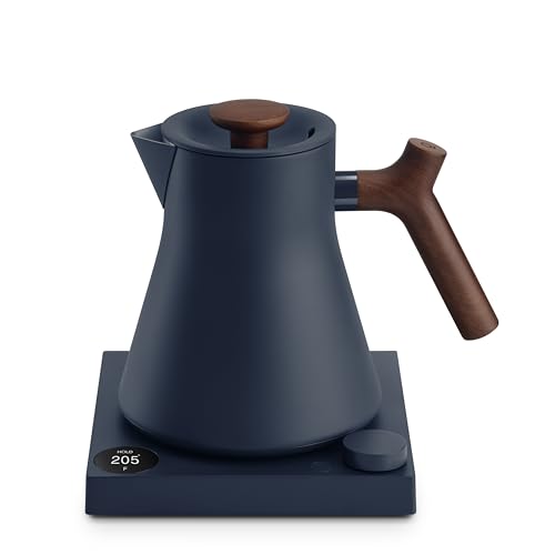 Image of Fellow Corvo EKG Pro Gooseneck Electric Tea Kettle for Pour Over Coffee | Precise Temp Control, Stainless Steel, Quick Heating, Brew Timer, Scheduling, 0.9 Liter, Stone Blue, Walnut Handle