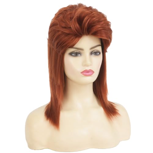 Image of Swiking Orange Mullet Wig for Women Curly 70s 80s Rocker Shoulder Length Straight Natural Layered Hair Cosplay Synthetic Women Wigs(Orange)