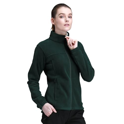 OutPro Damen-Fleecejacke Stehkragen mit durchgehendem Reißverschluss, Winddicht Schüttelvlies Damenjacke, Antistatische Lauf, Wander- und Freizeitjacke für Damen mit Taschen Tiefgrün XXL