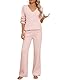 CMTOP Zweiteiler Damen Pullover Sets Freizeitanzug Elegant V Ausschnitt Langarm Strickpullover Top Lange Elastische Taille Weite Hose Lounge Set Hausanzug (Rosa, M)