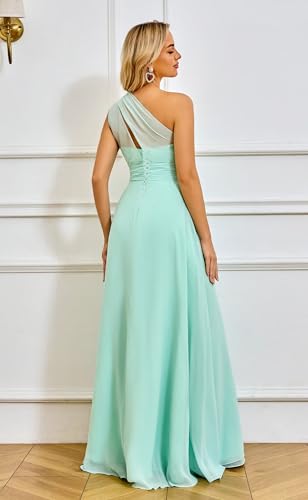 Chiffon One Shoulder Bridesmaid Dresses with Slit A-Line Long Formal Party Dress with Pockets2