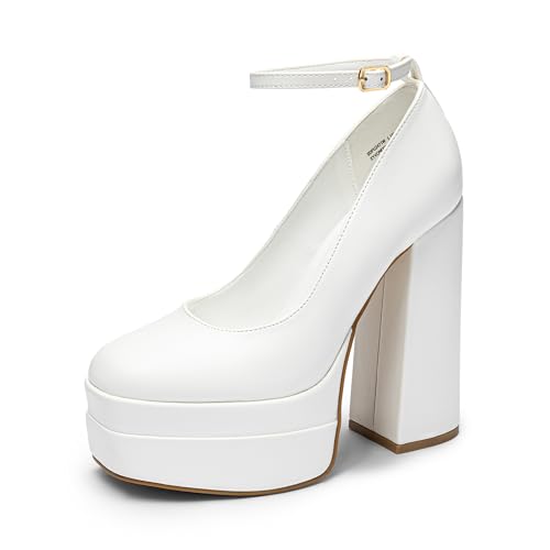 DREAM PAIRS Women's Platform High Heels Closed Toe Chunky Block Pumps Square Toe Ankle Strap Dress Fashion Party Y2K Shoes,Size 6,White-Pu,SDPU2471W