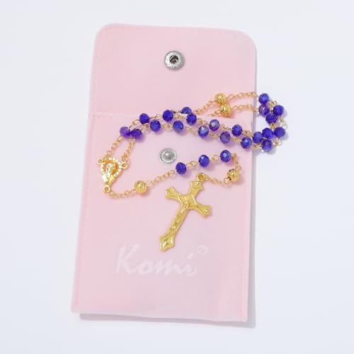 KOMI 6 MM Deep Blue Crystal Beads Rosary with Jesus Crucifix, Prayer Rosary Catholic Necklace for Women with Velvet Bag…