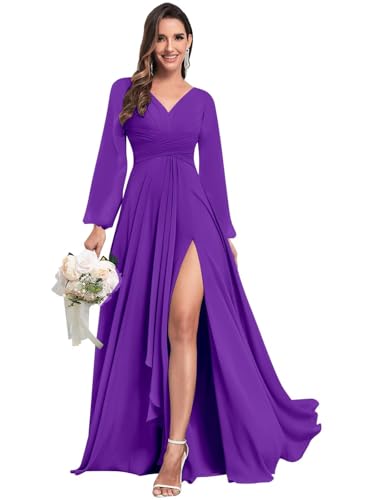 Chiffon Long Sleeve Bridesmaid Dresses with Pockets Long Pleated V Neck Formal Evening Gown for Women