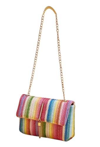 Imagen de Disparatte Bolso Bandolera Mujer de Rafia Trenzada Multicolor Estampado Rayas Elegante Casual con Cadena Dorada y Borla Chic Bolso Hombro Fiesta Viaje Regalo