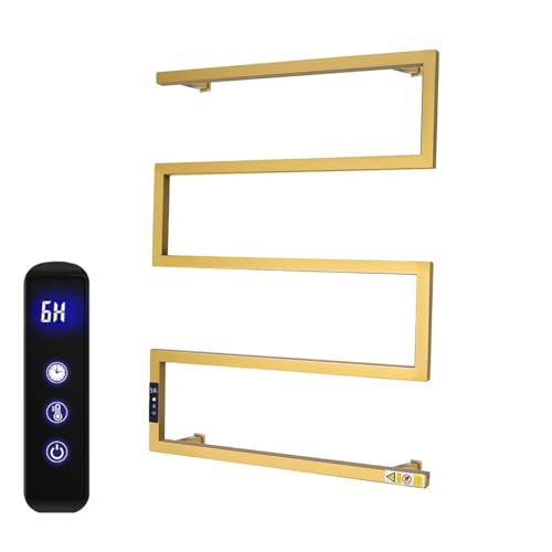 Towel Warmer Rack for Bathroom with Timer/Fahrenheit Temperature Control Wall Mounted Electric Heated 5 Bar Rail Plug-in or Hardwired Keep Bath Shower Towel Warming (Brushed Gold)