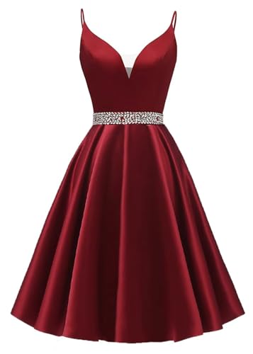 A-line Satin Prom Dresses Sleeveless for Women, Short V Neck Spaghetti Straps Homecoming Dresses Evening Dresses4
