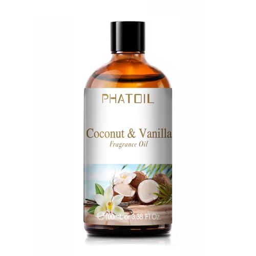 100ML/3.38fl.oz Coconut & Vanilla Fragrance Oils, PHATOIL Coconut & Vanilla Oil for Diffuser, Humidifier, Scented Oils for DIY Soap, Candle Making with Premium Glass Dropper