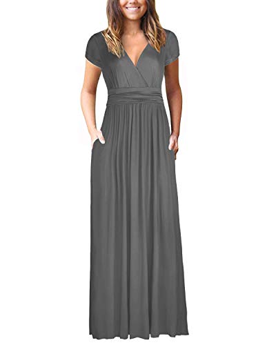 OUGES Womens Short Sleeve V-Neck Wrap Waist Maxi Dress(Gray394,XXL)
