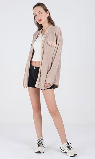 utcoco Women's Casual Waffle Knit Shacket Jacket Loose Fit Long Sleeve Button Down Shirt Shacket Top - Image 5