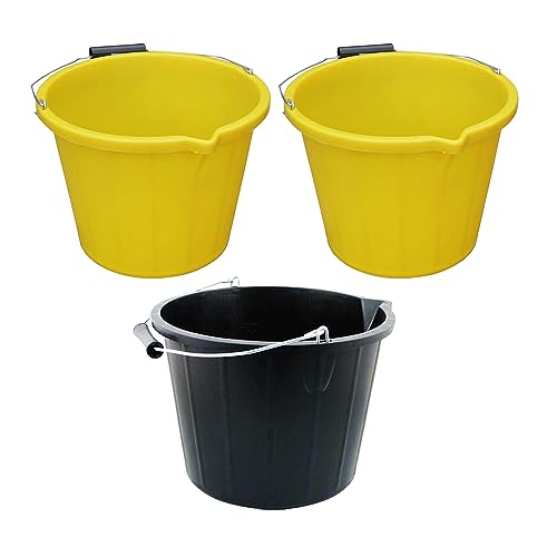 14L Litre/3 Gallon Plastic Builders Buckets with Metal Handle, Spout & Measuring Scale Heavy Duty Storage Bucket Utility Bucket - Garden, Kitchen, Water Storage, Fishing (2 x Yellow & 1 x Black)