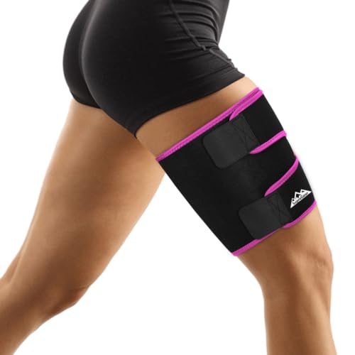 Image of supregear Thigh Wraps Support, Adjustable Compression Neoprene Thigh Sleeve Hamstring Quad Wrap Upper Leg Brace for Women Men Pulled Groin Muscle, Quadriceps, Black + Fuchsia Pink, L