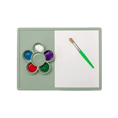 Image of ezpz Play Mat for Baby + Toddler - 6 Months+ (Sage) - Suction Plate with Flower Compartments for Crafts, Painting, Sorting, Snack Time - Fits Standard Piece of Paper