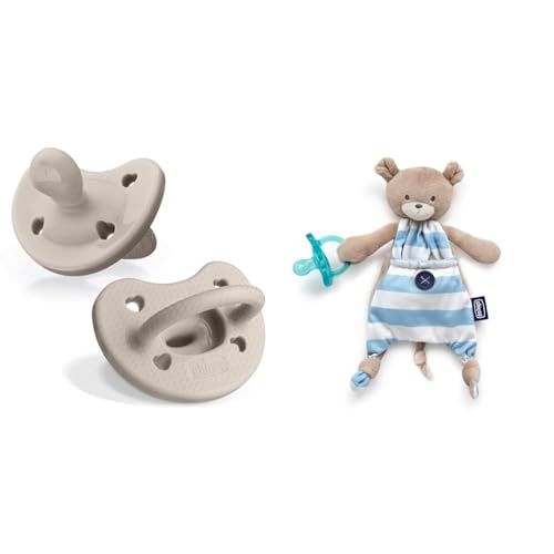 Chicco PhysioForma® Luxe Orthodontic Pacifier, 6-16m: Grey, 2pk + Chicco Pocket Buddy Soft Pacifier Holder-Lovey: Blue Bear