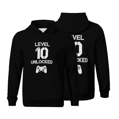 Kids Level 10 Unlocked Funny Video Gamer 10th Birthday Gift Boys Girls Lightweight Kangaroo Pocket Fleece Hoodies
