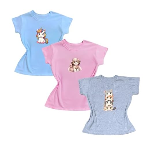 Kit 3 Camisetas Para Meninas Infantil Malha 100% Algodão (BR, Idade, 8 Anos, Regular, 1 Rosa bebe, 1 Cinza, 1 Azul bebe)