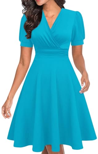 Image of Women's Summer Casual Dress Short Sleeve Wrap V-Neck A-Line Dress Sundress Wedding Guest Cocktail Midi Dresses