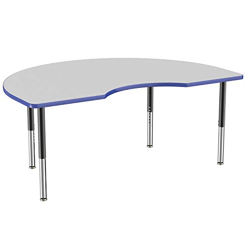 FDP Mobile Kidney Activity School and Office Table (48 x 72 inch), Super Legs with Glides and Casters for Collaborative Seating Environments, Adjustable Height 19-30 inches – Gray Top and Blue Edge