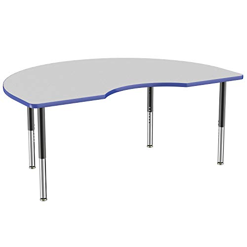 FDP Mobile Kidney Activity School and Office Table (48 x 72 inch), Super Legs with Glides and Casters for Collaborative Seating Environments, Adjustable Height 19-30 inches – Gray Top and Blue Edge