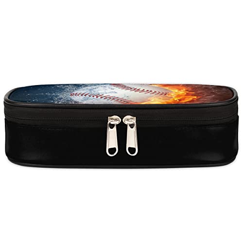 Image of 3D Baseball White Leather Pencil Case Pen Holder Large Capacity Stationery Organizer Pencil Bag with Water & Fire Baseball for Boys Girls Pencil Pouch Case for School College Office,Sports-Themed