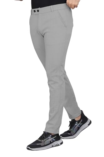 Image of Mehrang Men's Casual Textured Regular Fit Trousers, Formal Pants with Button Closure, Side Pockets, Polyester Trouser for Men