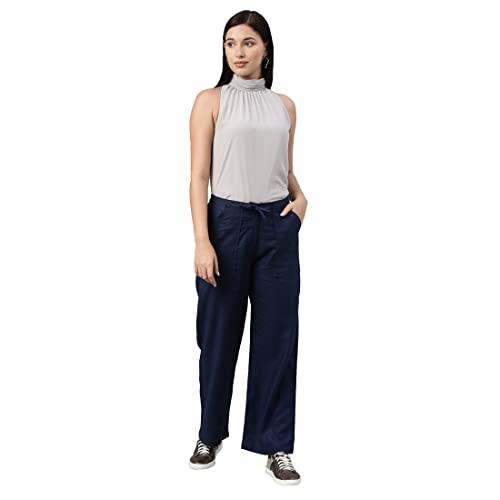 Image of GO COLORS Solid Linen Cargo Pants for Women | Full Length, Mid Rise, Side Pockets