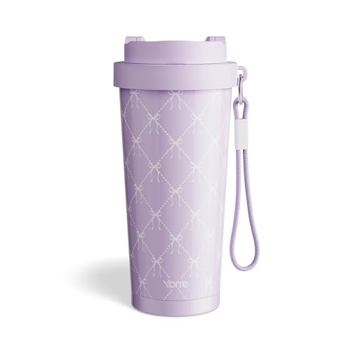 YOME 17oz Elegant Purple Bow Ceramic Lined Insulated Coffee Mug with Infuser for Women| One-handed Pop Open Lid | Stainless Steel |Keep Drinks Cold and Hot| 100% Leak Proof