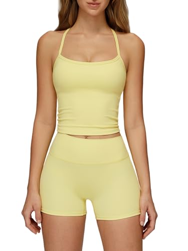 Image of ABOCIW 2 Pieces Workout Sets for Women, Cross Back Tank Top Matching High Waist Biker Shorts, Gym Yoga Pilates Outfits