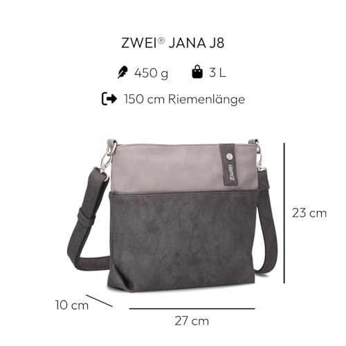 Zwei Damen Umhängetasche JANA J8 Crossbody Bag 3 Liter Bicolor Handtasche im Canvas-Stil, weiches Kunstleder, ideal für den Alltag, inkl. 2 abnehmbare Schultergurte kurz & lang (nubuk-stone)