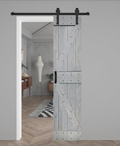 K Series 24in x 84in Solid Wood Barn Door with Hardware Track (French Gray) - Assembly Needed