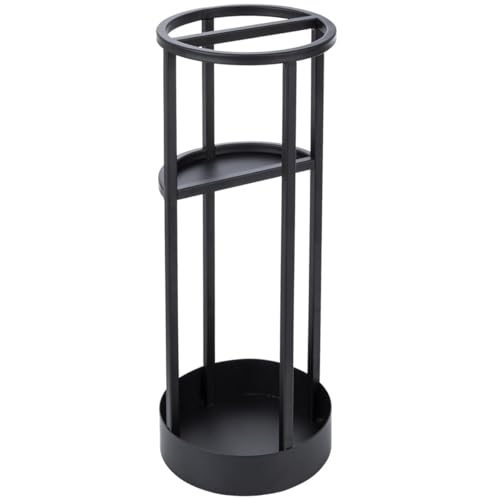 Image of Metal Umbrella Stand with Drip Tray, Black, Round, 19.7 x 8.0 Inch, Entryway Holder