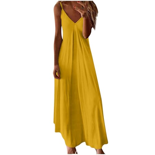 BFSWL Vestido maxi para mujer, de verano, cuello en V, sin mangas, sin mangas, con tirantes finos, para tiempo libre, bohemio, para la playa, amarillo, 3XL