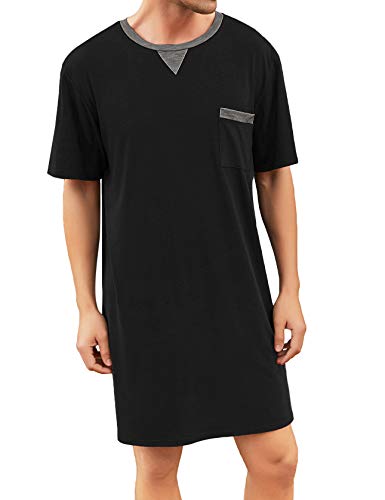 Enjoyoself Pijama de algodón para Hombre, Suave, Transpirable, Longitud hasta la Rodilla, Camisa de Noche de Manga Corta, Ropa de Dormir para Descansar, Type3-black, S