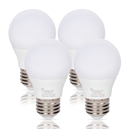 Simba Lighting Led A15 Refrigerator Light Bulbs (4-Pack) 4W 40W Replacement Small For Appliances, Freezers, Ceiling Fans, 120V, E26 Standard Medium Base, Frosted Cover, Not Dimmable, 3000K Soft White #TOP18