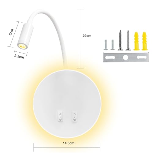 uksunvi LED Wall Lamp Bedside Table Reading Wall Lamp 12W LED Wall Reading Lamps Adjustable Spotlight 3W +9W 3000K Warm Light (White Round) - Image 3