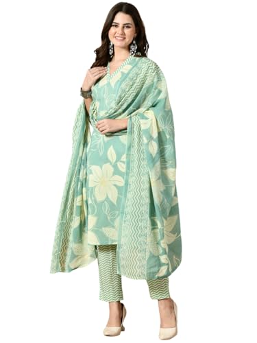 Image of Amazon Brand - Tavasya Women Cotton Anarkali Kurta Pant Dupatta Set | Printed Ethnic Suit Set | Flared Anarkali Kurta with Pant & Dupatta | Festive & Casual Wear
