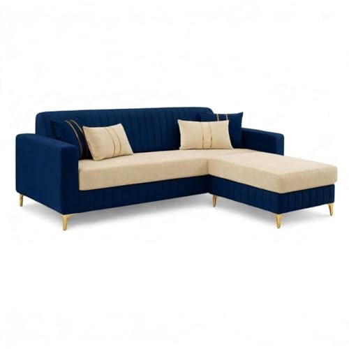 Image of CASASTYLE Noviq 4 Seater L Shape Sofa Set with Movable Ottoman | Flexible Left or Right Layout | Cozy Velvet Fabric | Soft Touch Seating | Modern Designer Sofa for Living Room (Dark Blue-Cream)