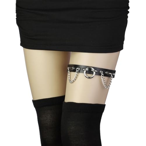 2PCs Studded Rivet O-ring Leg Garter, Adjustable Punk Thigh Garters Belt with Chains for Women Parties2