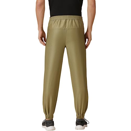 Image of DOMIN8 Men's Solid Training Trousers with Zipper Pocket and Running Stitch line at Knee & Back (L) Olive