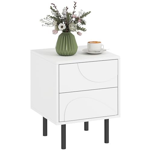 HOMCOM Table de Chevet, Table d'appoint avec 2 tiroirs à Ouverture par Pression, Pieds en Acier, pour Chambre à Coucher, Salon, 40 x 40 x 50 cm, Blanc