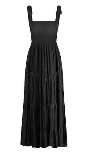 Gothden Summer Boho Midi Dress for Women's Square Neck Ruffle Tiered Flowy Smocked Sundress A-Black
