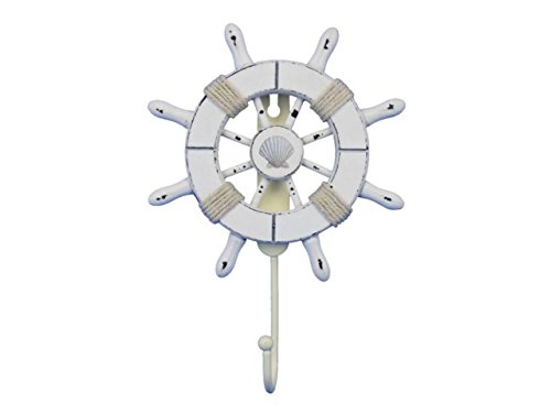 Handcrafted Nautical Decor Rustic All White Decorative Ship Wheel with Seashell with Hook 6" - Wooden Ship
