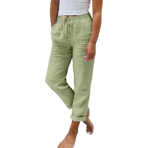 Trlxkhor Pantalon Fino Verano Mujer Tallas Grandes Frescos Lino Algodón Cintura Alta Elasticos Pantalones Largos Ligeros Vintage Rectos con Bolsillos y Pliegues Pantalón Flojo Playa Comodidad Moda