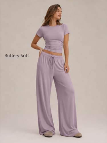 Image of Trendy Queen 2 Piece Matching Summer Lounge Set Womens Side Ruching Top Wide Leg Pants Sets with Pockets
