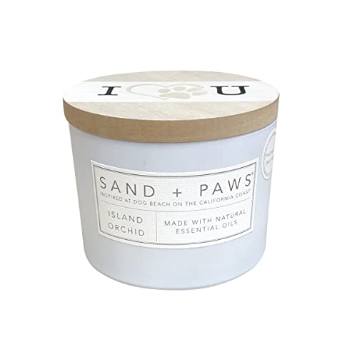 Sand + Paws Island Orchid Scented Candles | Extra Scents & Sizes | Made with Essential Oils | Neutralizes Pet Fragrance | 12oz | Wooden Lid Painted with I Heart PAW U