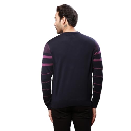 Image of Raymond Men's Regular Fit Acrylic Wool Blend Full Sleeve Round Neck Stripe Pattern Dark Violet Casual Sweater