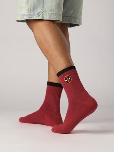 Image of The Souled Store Deadpool: Red Logo Socks | Official Marvel Merchandise | Premium Cotton Crew Socks for Men & Women | Iconic Super Hero Graphic Printed Socks | Unisex One Size Fit