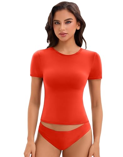 Y2K Crop Tops for Women Double Line Fitted Summer Spring Tees Trendy 2025 Laides Casual Basic Going Out Slim Shirts Crew Neck Short Sleeve Tshirt Beach Vocation Clothes Sexy Club Outfits(Red,L) — view 5