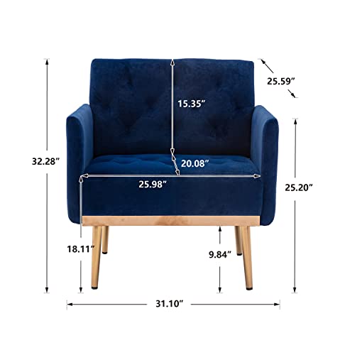 Kinffict Modern Velvet Accent Chair, Upholstered Single Sofa Chair With Rose Gold Metal Trim, Comfy Living Room Lounge Armchair For Relaxing, Navy Blue #TOP1