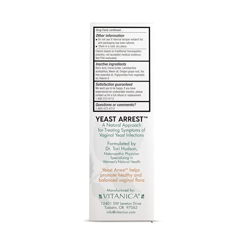 Image of Vitanica Yeast Arrest, Homeopathic Vaginal Suppositories, for Yeast Infection Symptoms, Relieves Burning, Itching & Discharge, with Boric Acid, Tea Tree Oil & Probiotics, Vegan (Yeast Arrest, 28)